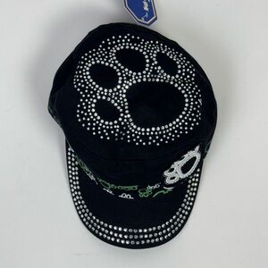 Crystal Studded Paw Military Style Cap - By Premium High Quality Headwear Black